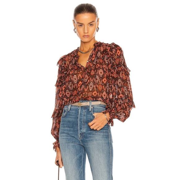 Ulla Johnson Tops - Ulla Johnson Miray Silk Horizon Long Sleeve Ruffle Trim Blouse Garnet Women's 2